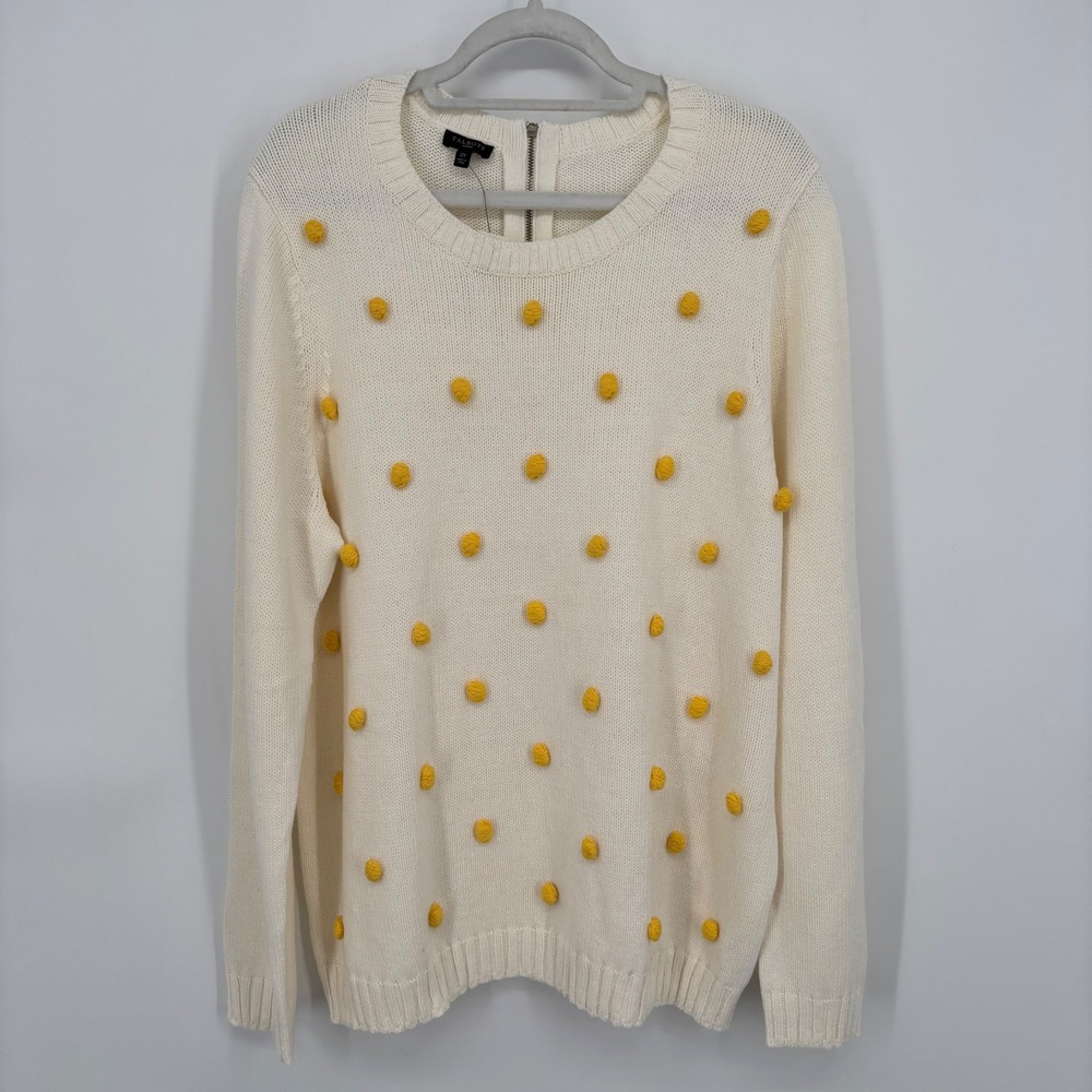 Talbots Cream/Yellow Pom‎ Pom Sweater Crew Neck Zipper Back Casual Size 2X NWT